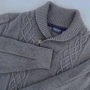 Nautica Mens Gray Cable Knit Shawl Collar Pullover Sweater Size M Fisherman Prep